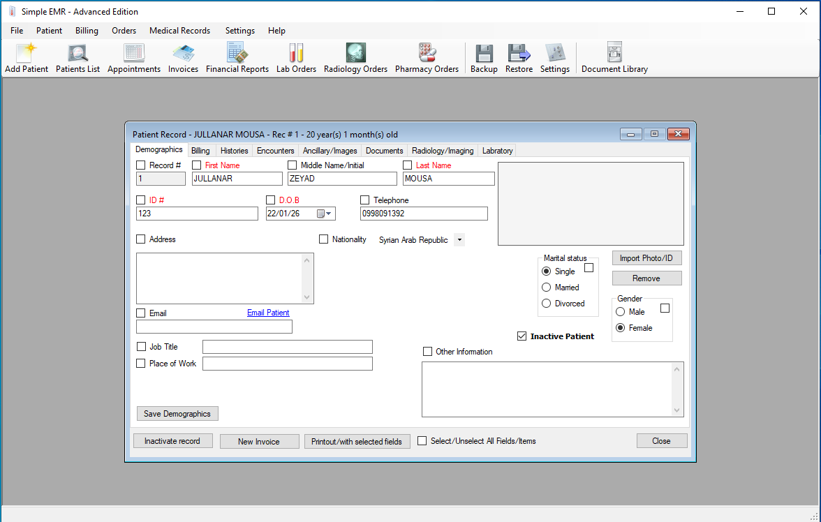 screenshot of Simple EMR